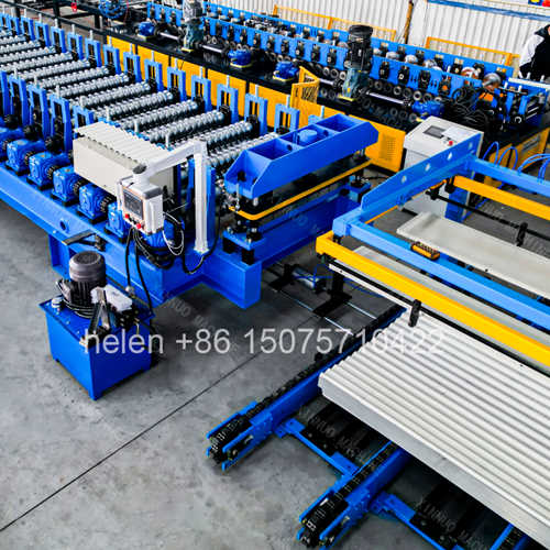 Entire production line layout of the color steel corrugated roof sheet making machine including the chain drive system