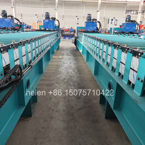 Entire production line layout of the metal corrugated tile roll forming machine including the chain drive system